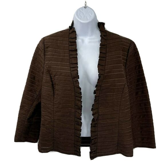 Lafayette 148 Brown Blazer Jacket Size 8 Hook Ruffle Linen Blend Dressy Feminine - Picture 2 of 12